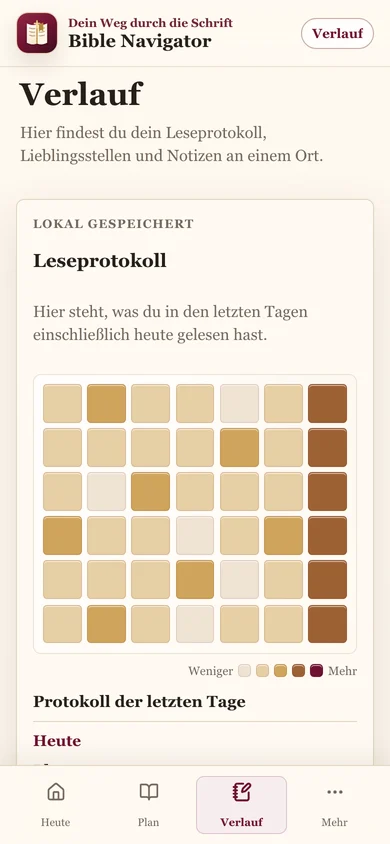 Verlauf: Gelesenes, Notizen und Lieblingsstellen bleiben auffindbar.