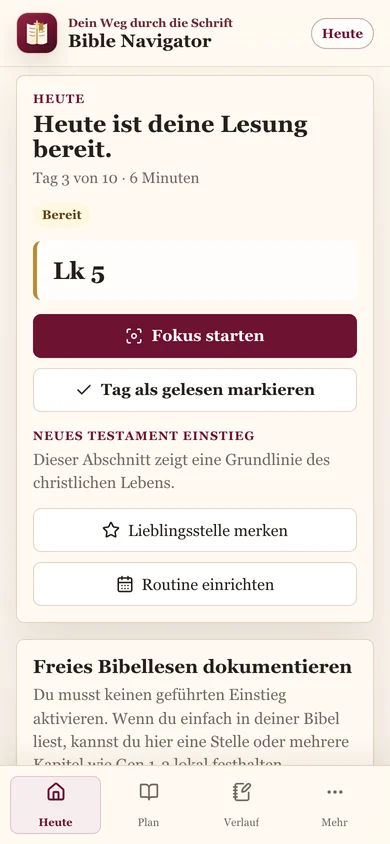 Bible Navigator zeigt die heutige Referenz, Fortschritt und Fokus-Start auf einem iPhone.